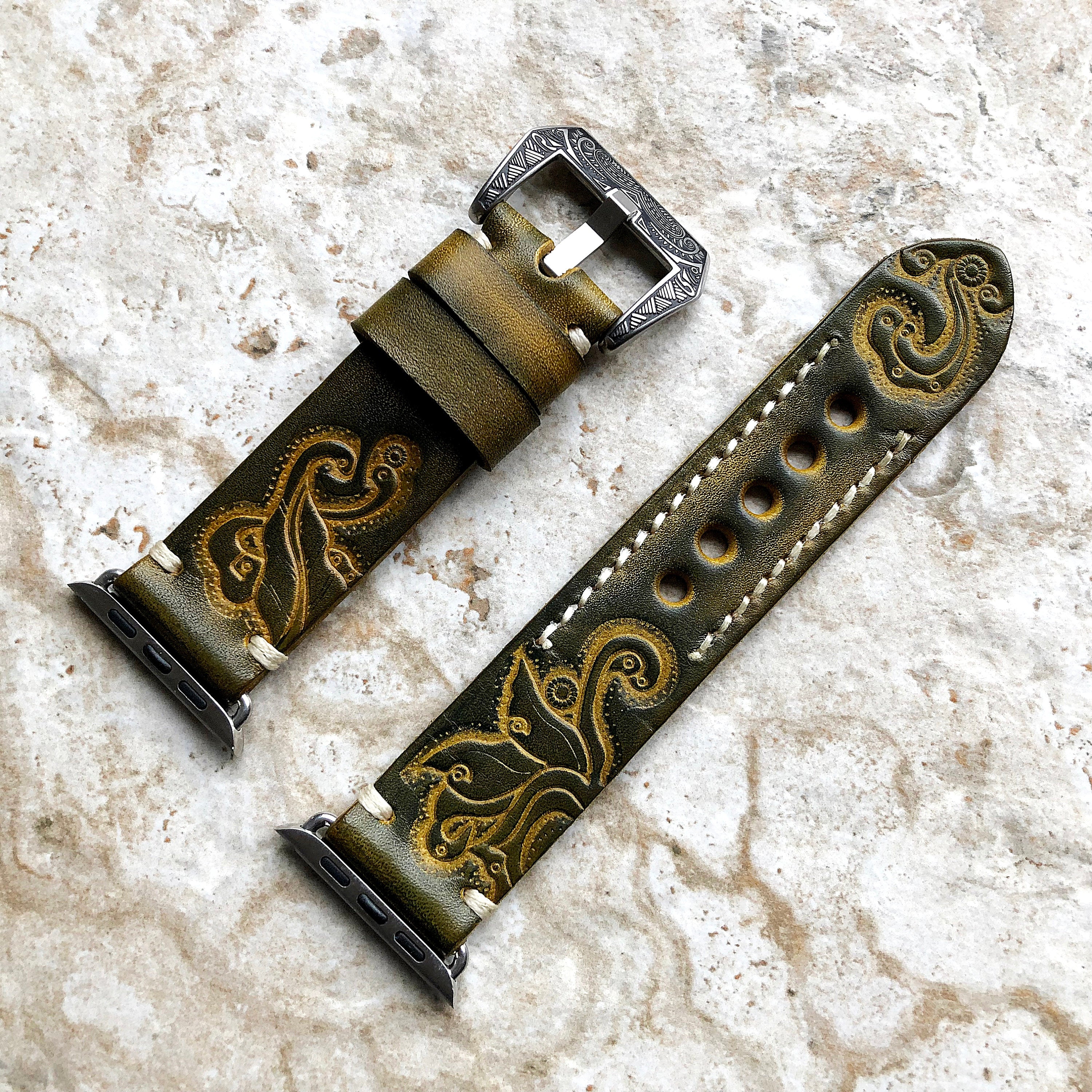 Apple Watch Ultra 2 9 8 7 SE 6 5 4 3 2 1 for iWatch 38mm 40 41 42mm 44mm 45mm 49mm Green Yellow Tooled Embossed Handmade Leather Band Strap